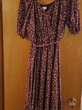 Luxology Wine Floral Wrap Maxi Dress with Pink and Cream Accents